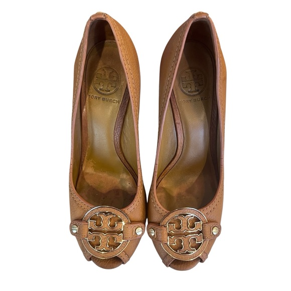 Tory Burch Selma Peep Toe Wedge in Brown Tan Tumbled Leather Women's Size 7.5 - Picture 13 of 14